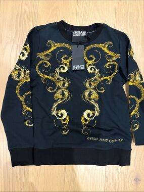 Versace Jeans Collection Black Crewneck Sweater with Gold Baroque Motif
